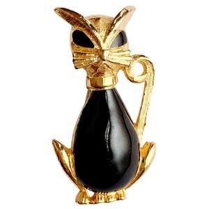 VTG Mid Century Brooch Mod Cat Black Glass Belly Figural Gold Tone Pin